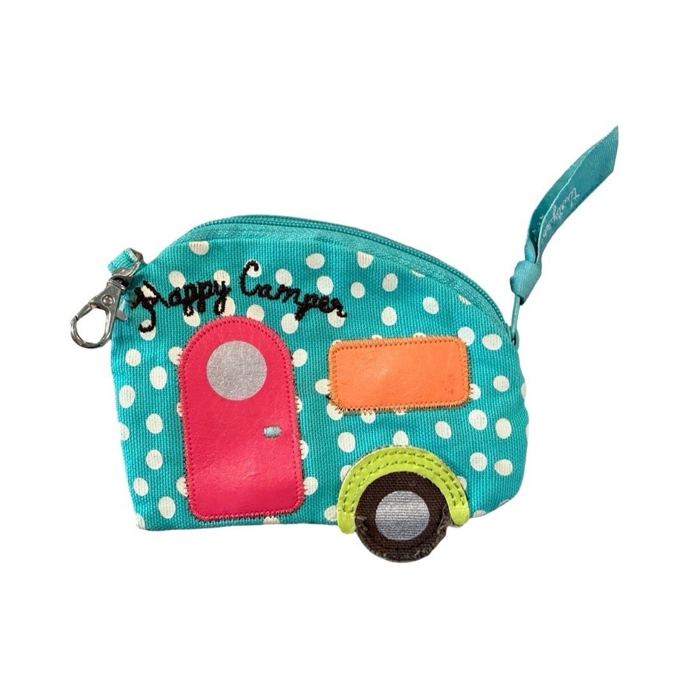 Thirty-One Icon Coin Purse Happy Camper Retro Trailer Teal Polka Dot Purse